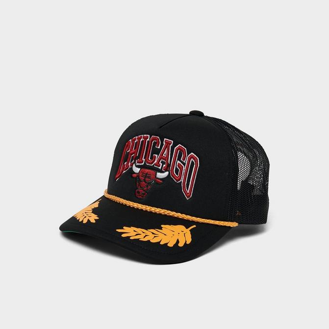 Mitchell and Ness Chicago Bulls NBA Gold Leaf HWC Trucker Hat in Black/Black | 100% Polyester