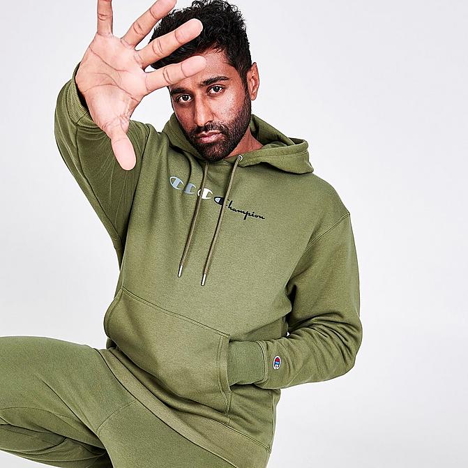 Front view of Men's Champion Triple Logo Script Hoodie in Cargo Olive Click to zoom