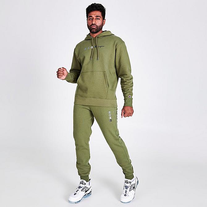 Front Three Quarter view of Men's Champion Triple Logo Script Hoodie in Cargo Olive Click to zoom