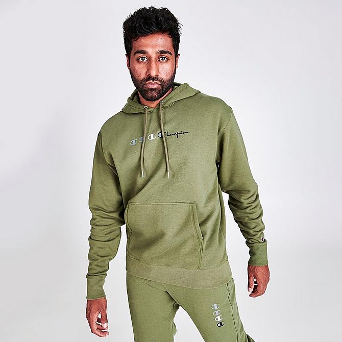 Back Left view of Men's Champion Triple Logo Script Hoodie in Cargo Olive Click to zoom