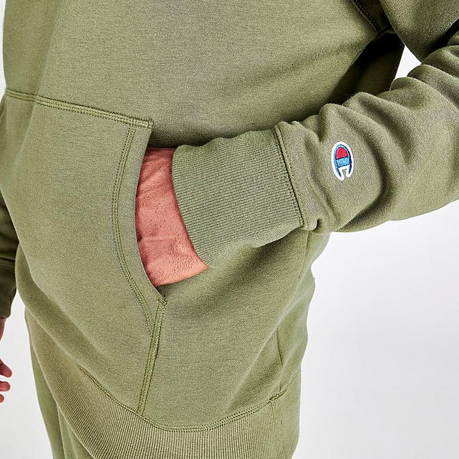 On Model 5 view of Men's Champion Triple Logo Script Hoodie in Cargo Olive Click to zoom