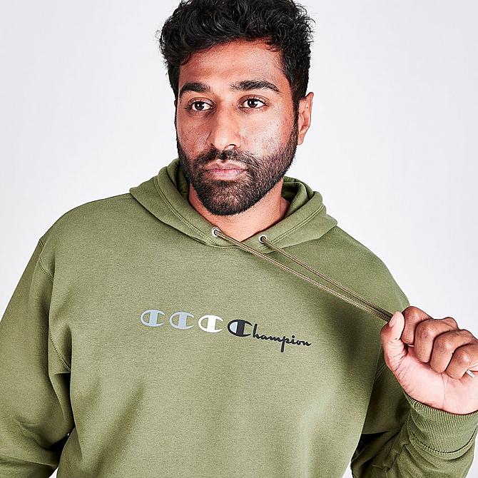 On Model 6 view of Men's Champion Triple Logo Script Hoodie in Cargo Olive Click to zoom