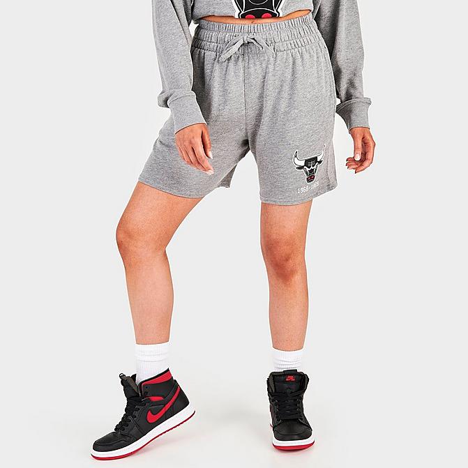 Front view of Women's Mitchell & Ness Chicago Bulls NBA Fleece Shorts in Grey Click to zoom