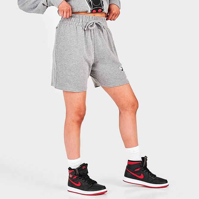 Back Left view of Women's Mitchell & Ness Chicago Bulls NBA Fleece Shorts in Grey Click to zoom
