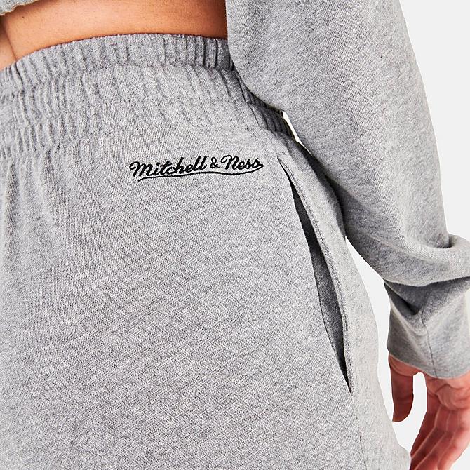 On Model 6 view of Women's Mitchell & Ness Chicago Bulls NBA Fleece Shorts in Grey Click to zoom
