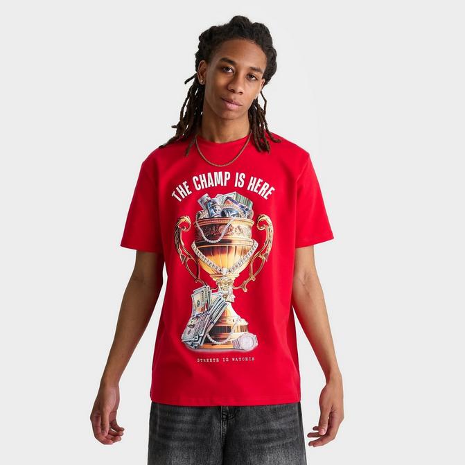 [angle] view of Men's Streetz Iz Watchin Champ Is Here T-Shirt in Red Click to zoom