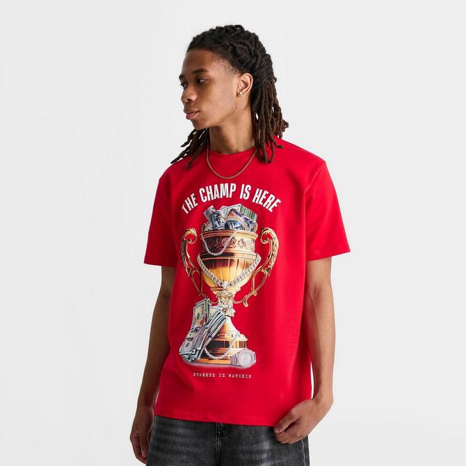 [angle] view of Men's Streetz Iz Watchin Champ Is Here T-Shirt in Red Click to zoom