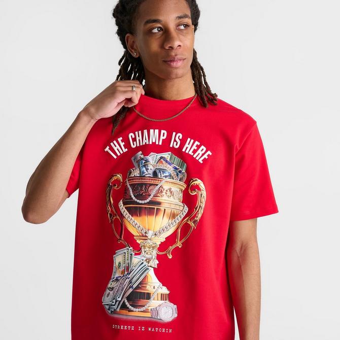 [angle] view of Men's Streetz Iz Watchin Champ Is Here T-Shirt in Red Click to zoom