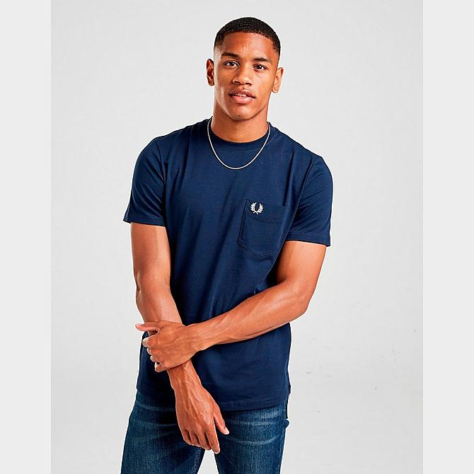Front Three Quarter view of Men's Fred Perry Pocket T-Shirt in Navy Click to zoom