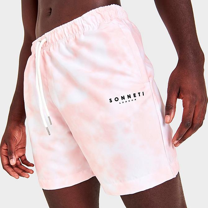 On Model 5 view of Men's Sonneti London Tie-Dye Swim Shorts in Peach Click to zoom
