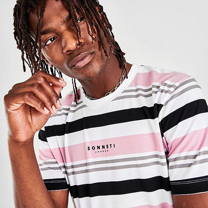 Front view of Men's Sonneti London Striped T-Shirt in White/Pink/Grey/Black Click to zoom