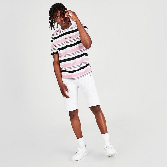 Front Three Quarter view of Men's Sonneti London Striped T-Shirt in White/Pink/Grey/Black Click to zoom