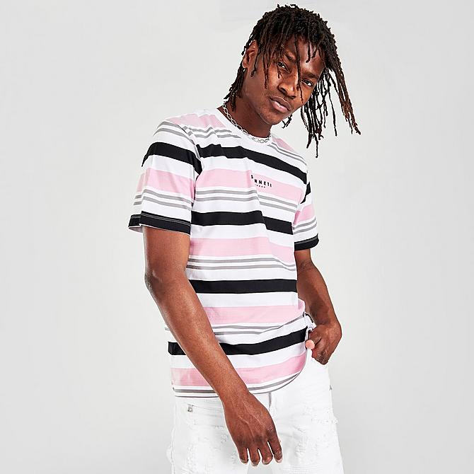 Back Left view of Men's Sonneti London Striped T-Shirt in White/Pink/Grey/Black Click to zoom