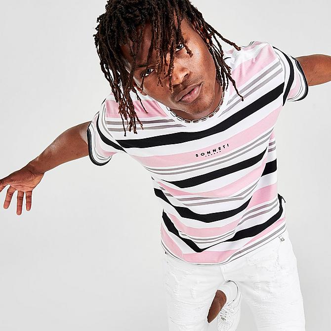 Back Right view of Men's Sonneti London Striped T-Shirt in White/Pink/Grey/Black Click to zoom