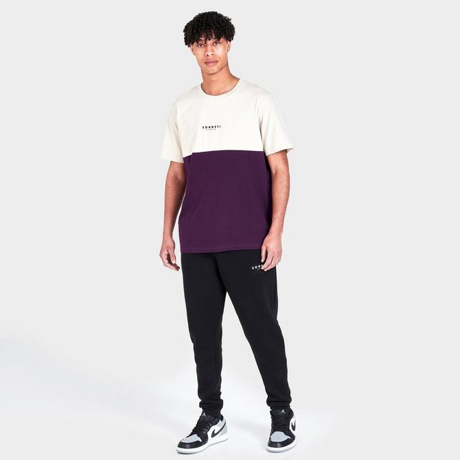 Front Three Quarter view of Men's Sonneti Split Short-Sleeve T-Shirt in Cream/Maroon Click to zoom