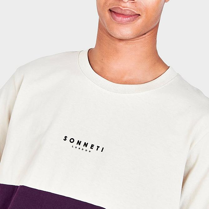 On Model 5 view of Men's Sonneti Split Short-Sleeve T-Shirt in Cream/Maroon Click to zoom