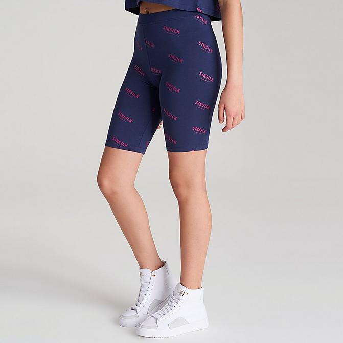 Front view of Girls' SikSilk Allover Print Bike Shorts in Navy Click to zoom