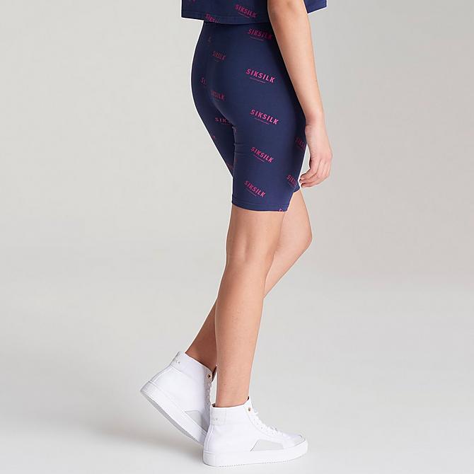 Back Left view of Girls' SikSilk Allover Print Bike Shorts in Navy Click to zoom