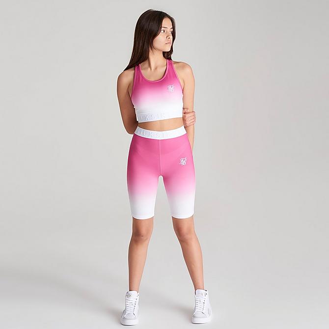 Front Three Quarter view of Girls' SikSilk Fade Bike Shorts in Pink/White Click to zoom