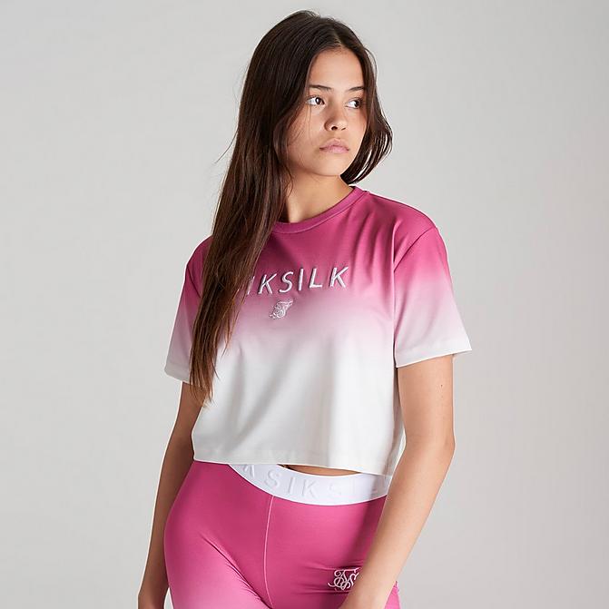 Front view of Girls' SikSilk Fade Cropped T-Shirt in Pink/White Click to zoom