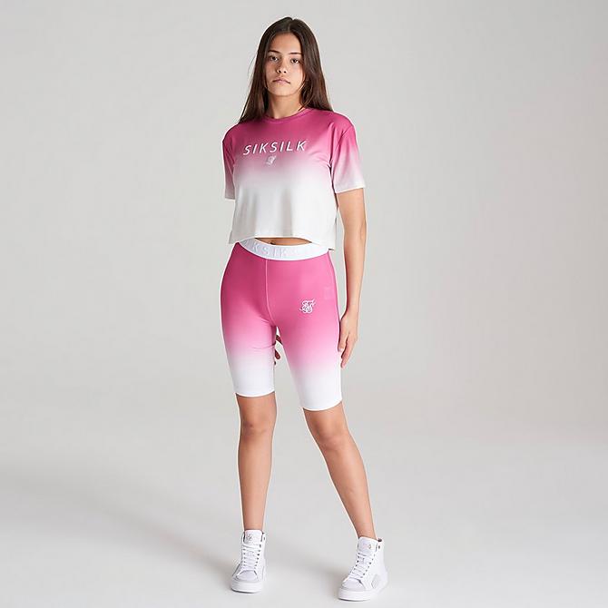 Front Three Quarter view of Girls' SikSilk Fade Cropped T-Shirt in Pink/White Click to zoom