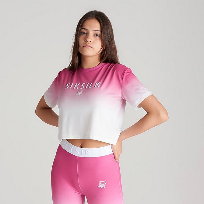 Back Left view of Girls' SikSilk Fade Cropped T-Shirt in Pink/White Click to zoom