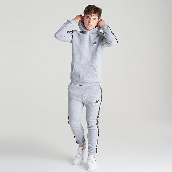 Front view of Boys' SikSilk Fleece Tape Logo Track Suit in Grey/Black/White Click to zoom