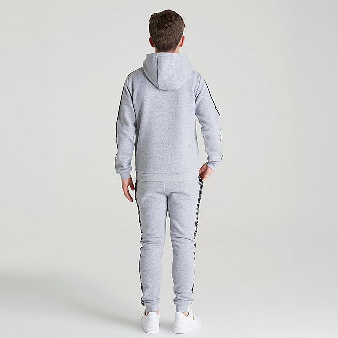 Front Three Quarter view of Boys' SikSilk Fleece Tape Logo Track Suit in Grey/Black/White Click to zoom