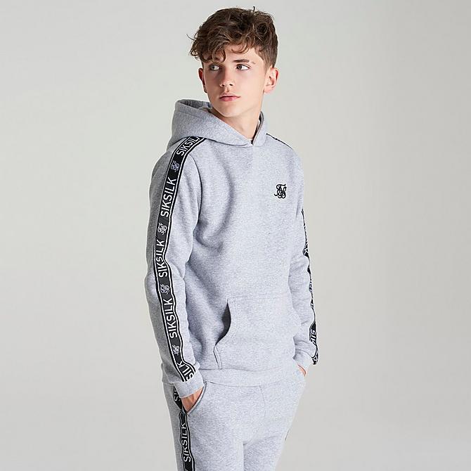 Back Left view of Boys' SikSilk Fleece Tape Logo Track Suit in Grey/Black/White Click to zoom