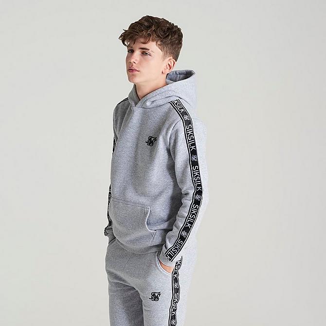 Back Right view of Boys' SikSilk Fleece Tape Logo Track Suit in Grey/Black/White Click to zoom