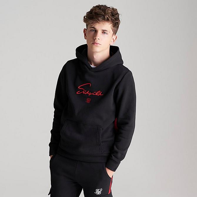 Back Left view of Boys' SikSilk Flight Hoodie in Black/Red Click to zoom