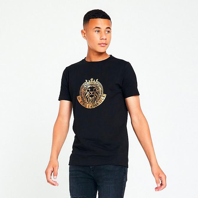 Front view of Boys' Messi x SikSilk Lion Graphic T-Shirt in Black/Gold Click to zoom