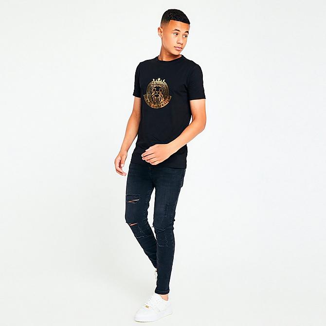 Front Three Quarter view of Boys' Messi x SikSilk Lion Graphic T-Shirt in Black/Gold Click to zoom