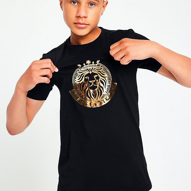 Back Left view of Boys' Messi x SikSilk Lion Graphic T-Shirt in Black/Gold Click to zoom