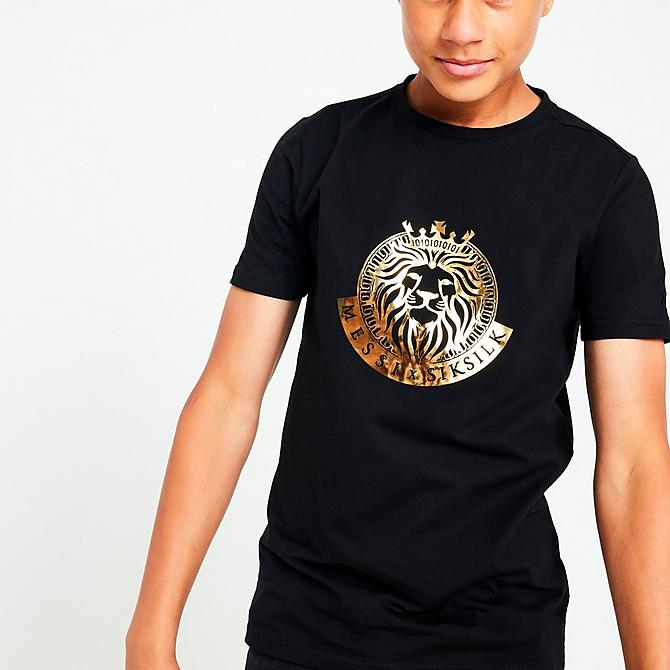Back Right view of Boys' Messi x SikSilk Lion Graphic T-Shirt in Black/Gold Click to zoom