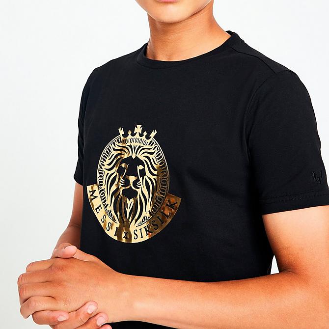 On Model 6 view of Boys' Messi x SikSilk Lion Graphic T-Shirt in Black/Gold Click to zoom