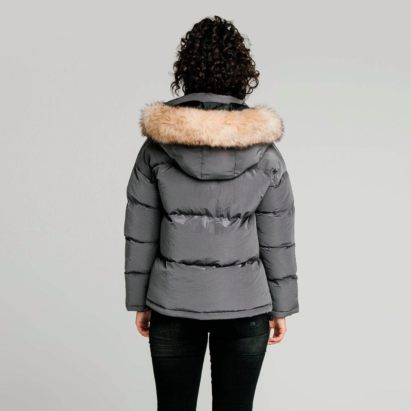 siksilk puffer jacket with faux fur hood