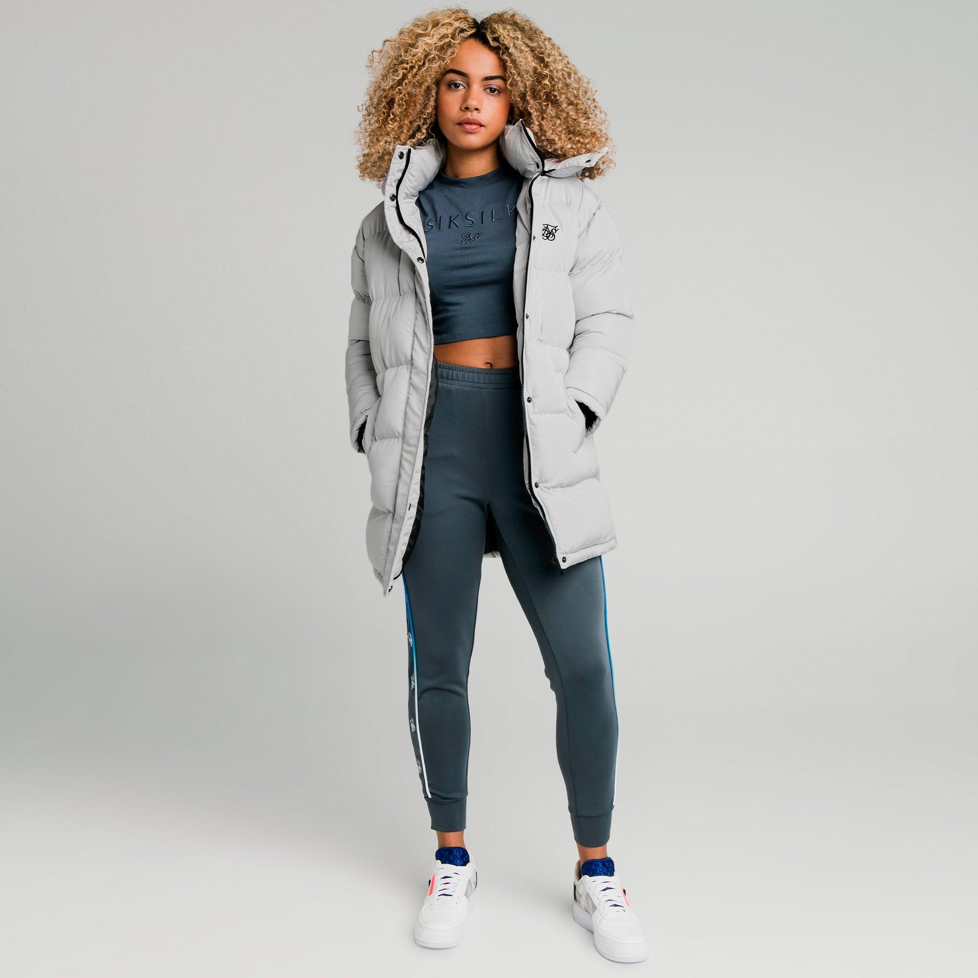 women's grey long puffer coat