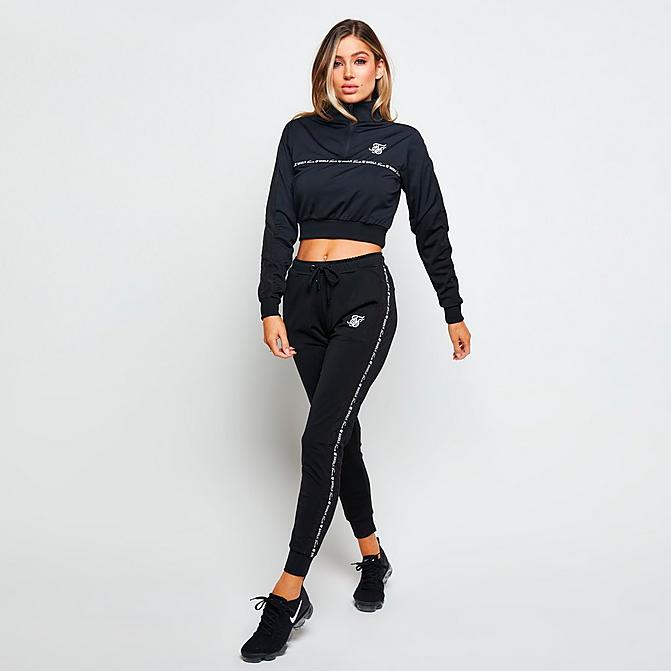 Front view of Women's SikSilk Logo Tape Jogger Pants in Black/White Click to zoom