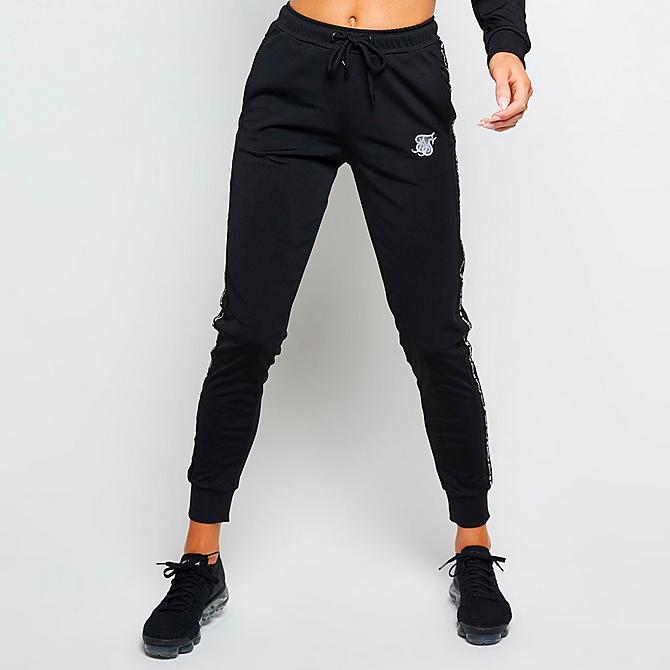Front Three Quarter view of Women's SikSilk Logo Tape Jogger Pants in Black/White Click to zoom
