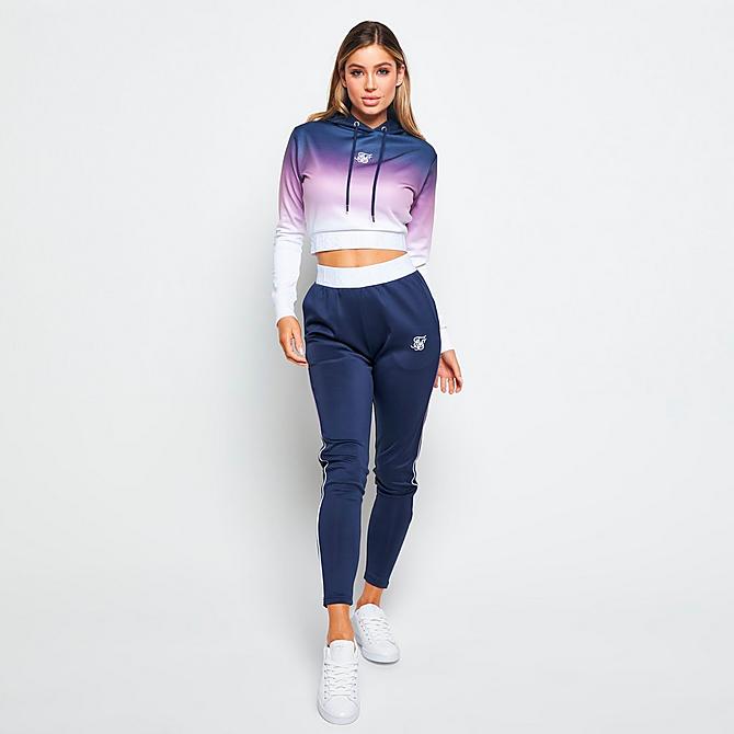 Front Three Quarter view of Women's SikSilk Fade Track Hooded Crop Top in Purple Click to zoom