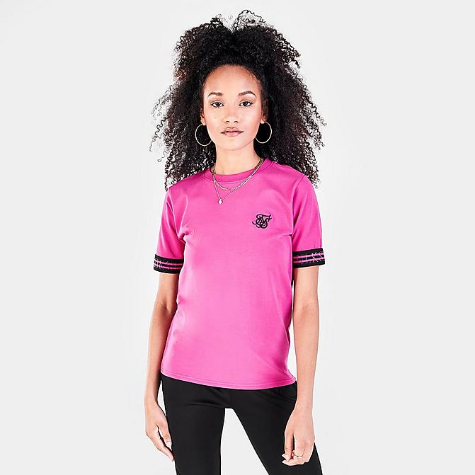 Front view of Women's SikSilk Tape Logo T-Shirt in Pink Click to zoom