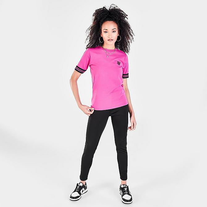 Front Three Quarter view of Women's SikSilk Tape Logo T-Shirt in Pink Click to zoom