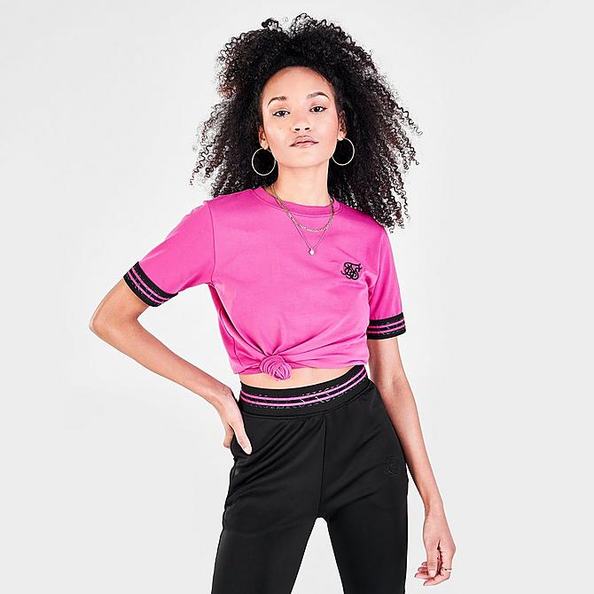 Back Left view of Women's SikSilk Tape Logo T-Shirt in Pink Click to zoom