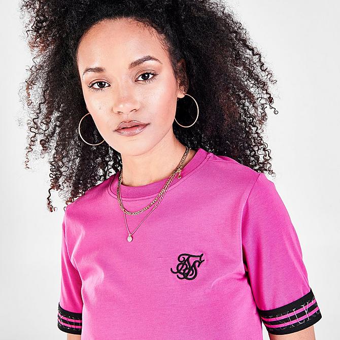 On Model 5 view of Women's SikSilk Tape Logo T-Shirt in Pink Click to zoom