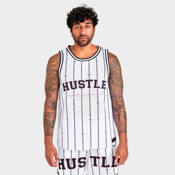 Front view of Men's Supply & Demand Hustle Script Basketball Tank in White Click to zoom