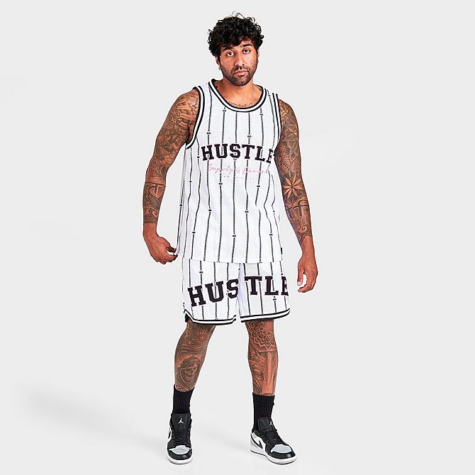 Front Three Quarter view of Men's Supply & Demand Hustle Script Basketball Tank in White Click to zoom