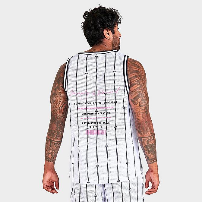 Back Left view of Men's Supply & Demand Hustle Script Basketball Tank in White Click to zoom