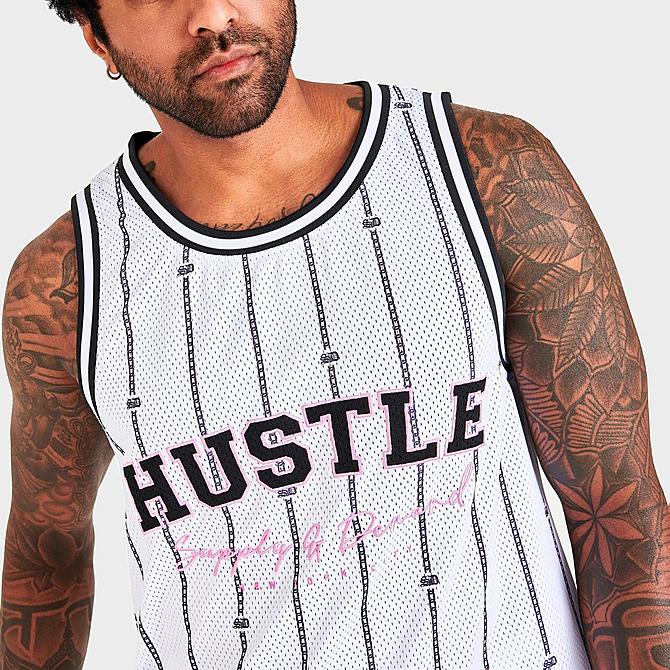 Back Right view of Men's Supply & Demand Hustle Script Basketball Tank in White Click to zoom