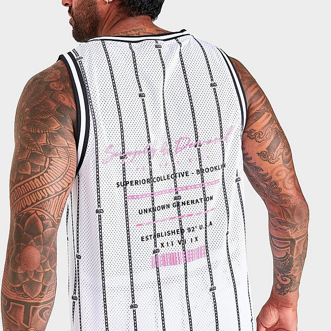 On Model 5 view of Men's Supply & Demand Hustle Script Basketball Tank in White Click to zoom